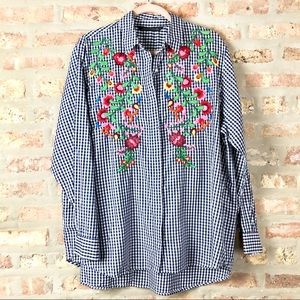Zara Woman Gingham & Floral Embroidered Button Dow